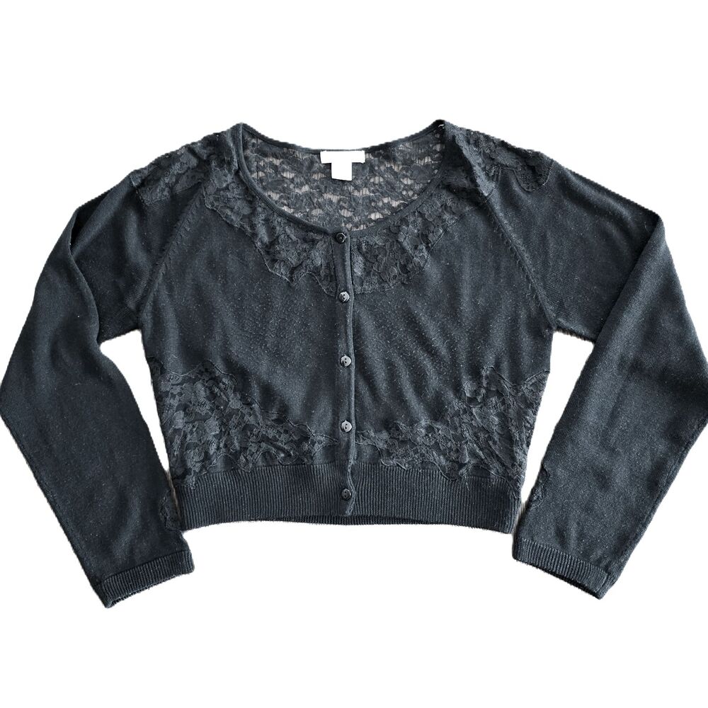 Pura Vida Black Lace Knit Cropped Cardigan Sweater Button Front Size L